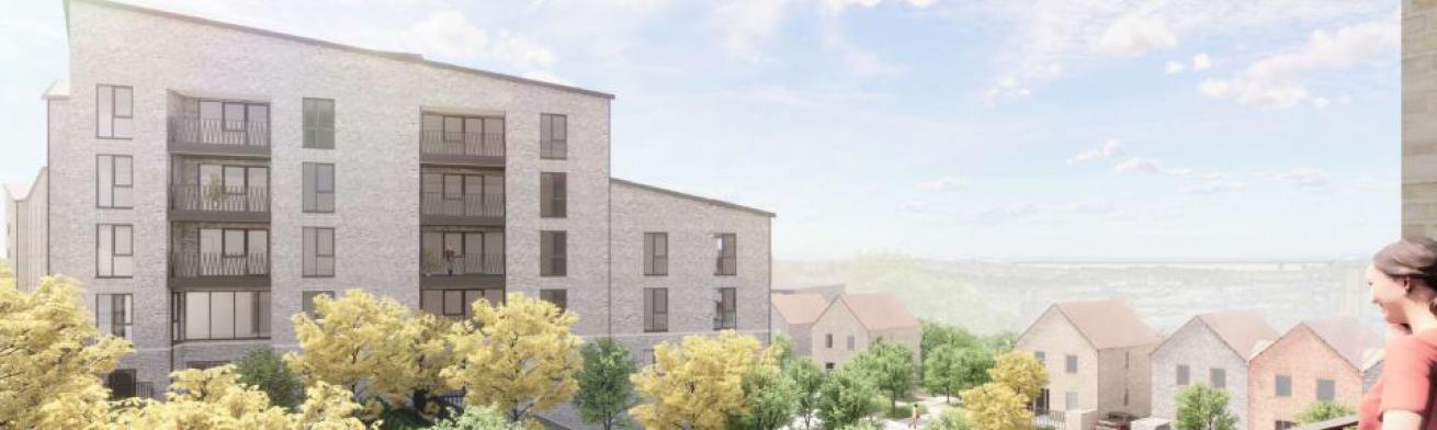 CGI of a balcony view of the new Barne Barton regeneration project